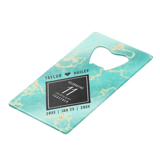 Elegant 11th Turquoise Wedding Anniversary Credit Card Bottle Opener (Front Angled)