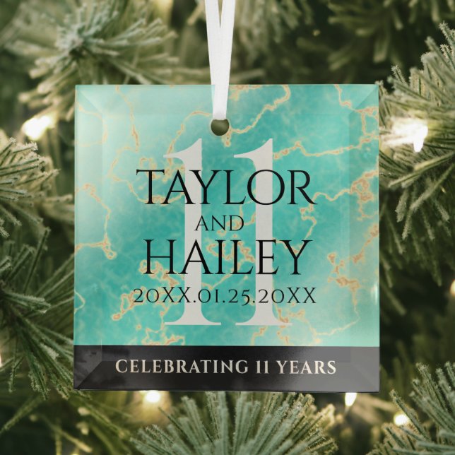 Elegant 11th Turquoise Wedding Anniversary Glass Ornament (Insitu)