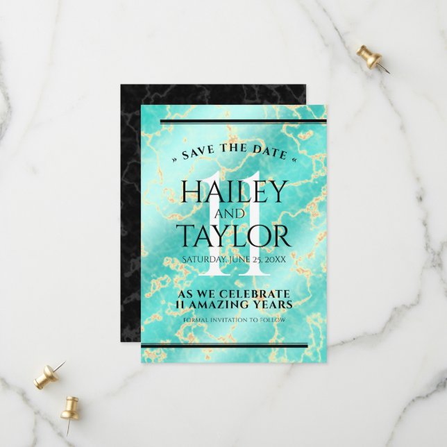 Elegant 11th Turquoise Wedding Anniversary Save The Date (Front/Back In Situ)