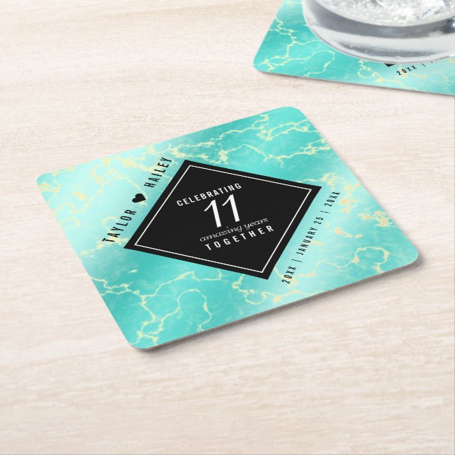 Elegant 11th Turquoise Wedding Anniversary Square Paper Coaster (Angled)