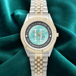 Elegant 11th Turquoise Wedding Anniversary Watch<br><div class="desc">Celebrate the 11th turquoise wedding anniversary with this commemorative watch! Elegant lettering on a yellow marble and greenish blue background add a memorable touch for this special occasion and milestone. Customize with couple's names,  dates of marriage,  and congratulatory messages.

Design © W.H. Sim. See more at zazzle.com/expressionsoccasions</div>