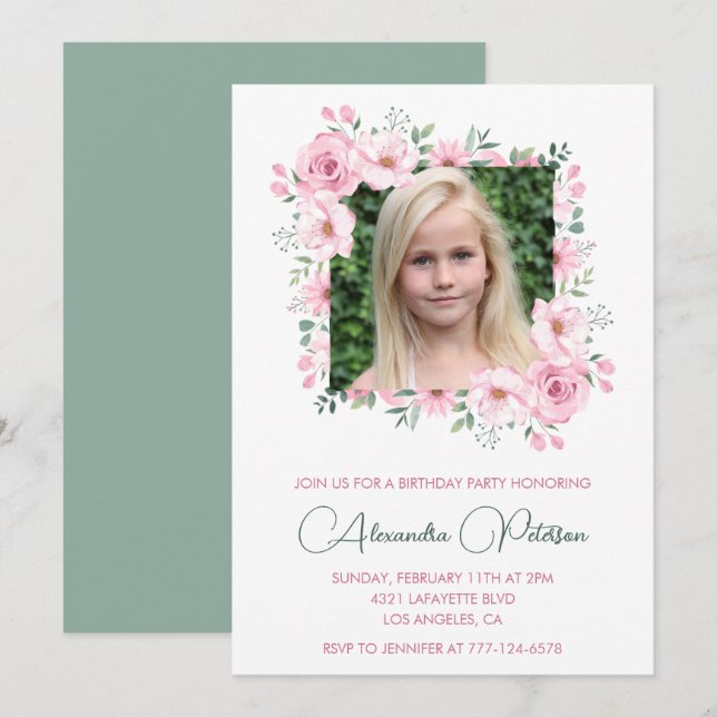 Elegant 12th birthday invitations Photo Boho (Front/Back)