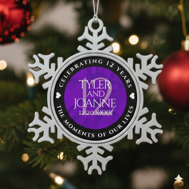 Elegant 12th Silk Wedding Anniversary Celebration Snowflake Pewter Christmas Ornament (12th Silk Wedding Anniversary Snowflake Pewter Ornament Cover Photo)