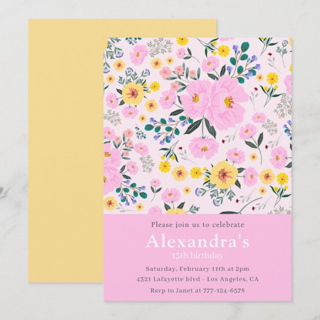 Elegant 13th birthday invitations Floral Chic (Front/Back)