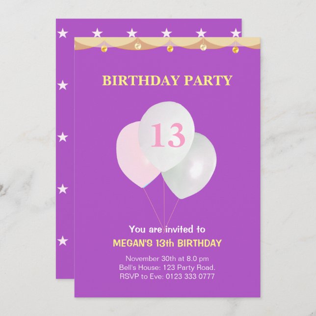 Elegant 13th Birthday Party Invitation (Front/Back)