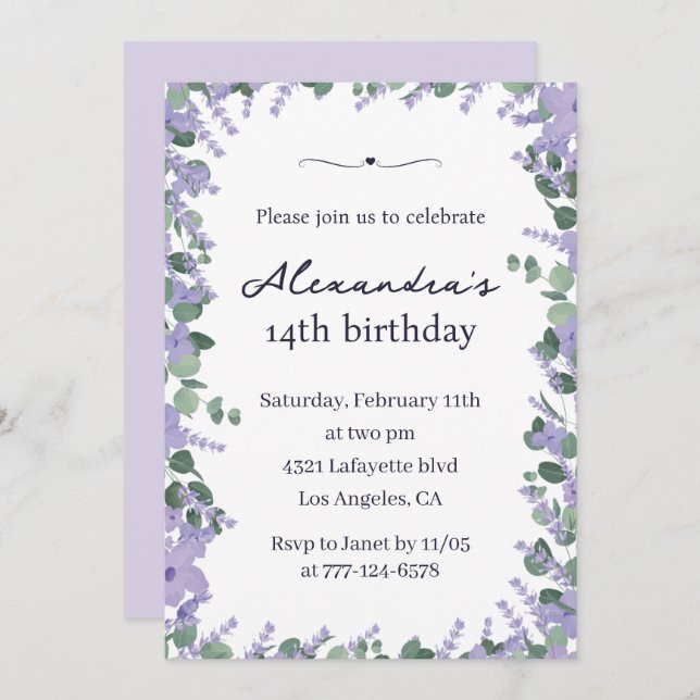 Elegant 14th birthday invitations Floral Frame (Front/Back)