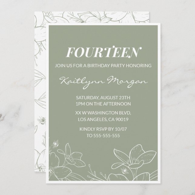Elegant 14th birthday invitations Floral Green (Front/Back)