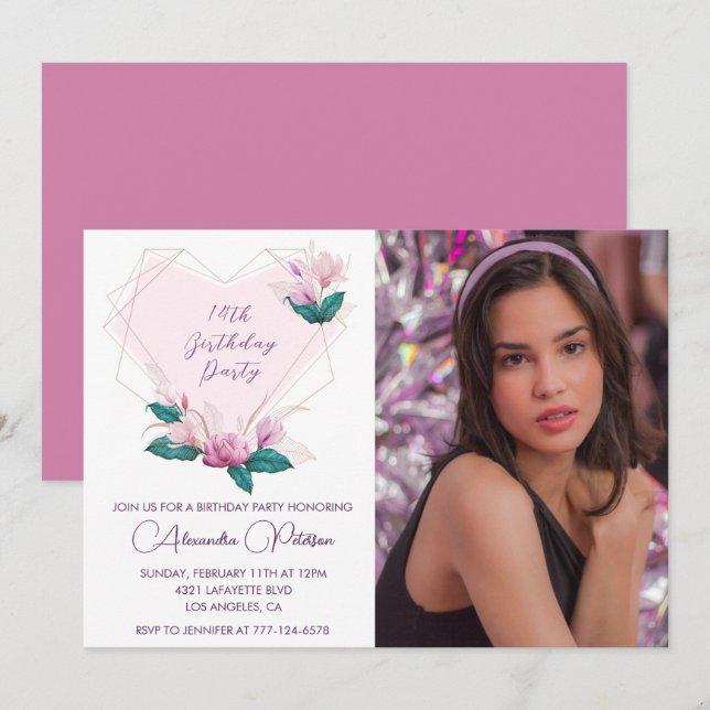 Elegant 14th birthday invitations Floral Photo (Front/Back)