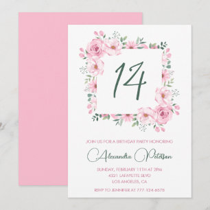 Elegant 14th birthday invitations Floral Pink