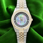 Elegant 14th Opal Wedding Anniversary Celebration Watch<br><div class="desc">Celebrate the 14th opal wedding anniversary with this commemorative watch! Elegant lettering with hexagonal confetti on an iridescent opal background add a memorable touch for this special occasion and milestone. Customize with couple's names,  dates of marriage,  and congratulatory messages.

Design © W.H. Sim. See more at zazzle.com/expressionsoccasions</div>