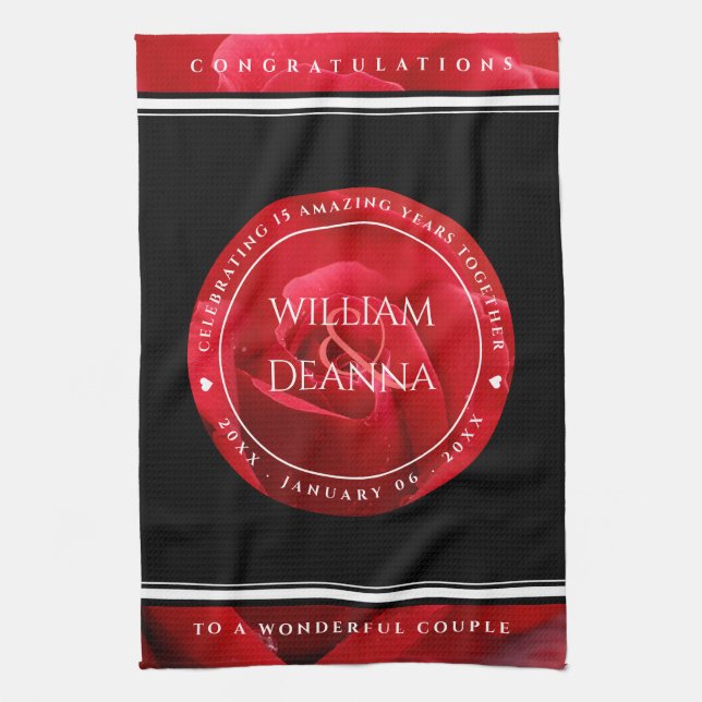 Elegant 15th 26th 36th Rose Wedding Anniversary Kitchen Towel (Vertical)