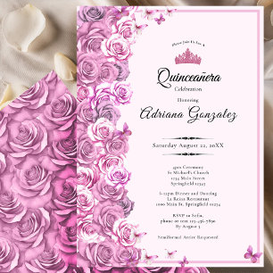 Elegant 15th birthday roses Pink Quinceanera Invitation