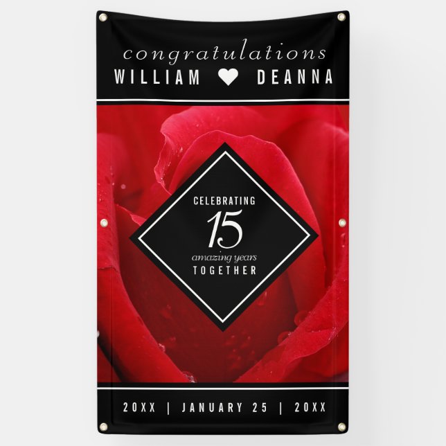 Elegant 15th Rose Wedding Anniversary Celebration Banner (Vertical)