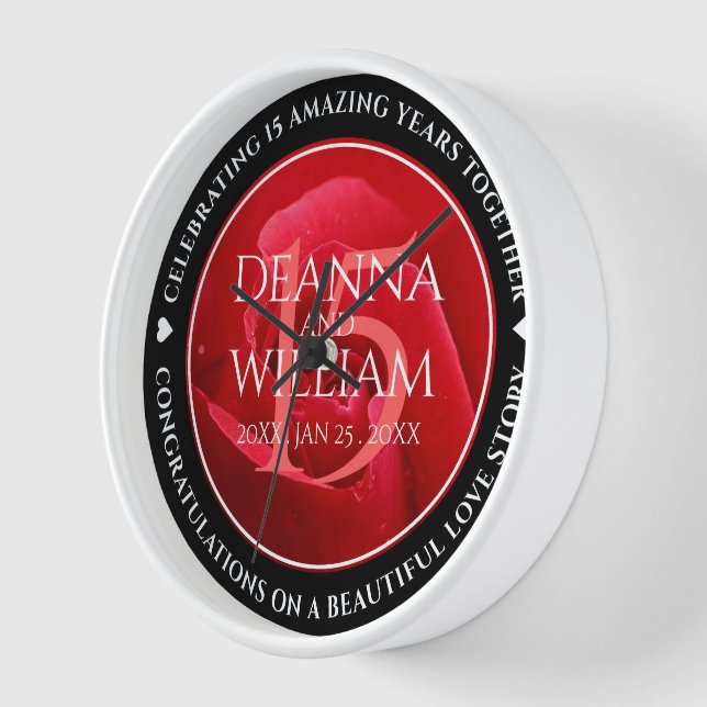 Elegant 15th Rose Wedding Anniversary Celebration Clock (Angle)