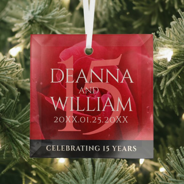 Elegant 15th Rose Wedding Anniversary Celebration Glass Ornament (Insitu)