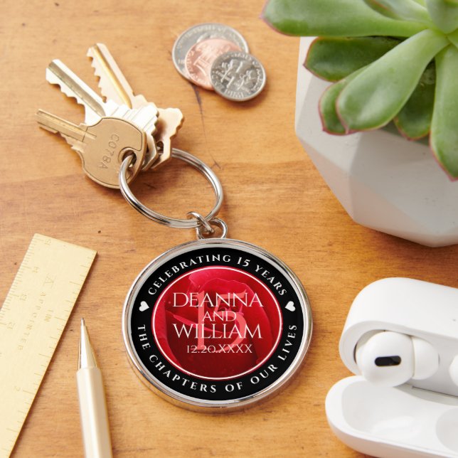 Elegant 15th Rose Wedding Anniversary Celebration Keychain (Desk)