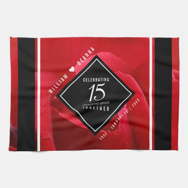 Elegant 15th Rose Wedding Anniversary Celebration Kitchen Towel (Horizontal)