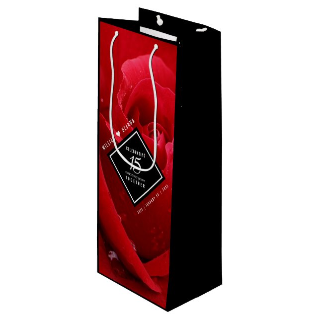 Elegant 15th Rose Wedding Anniversary Celebration Wine Gift Bag (Front Angled)