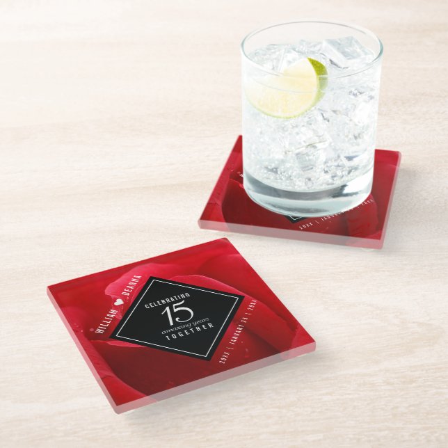 Elegant 15th Rose Wedding Anniversary Glass Coaster (Angled)
