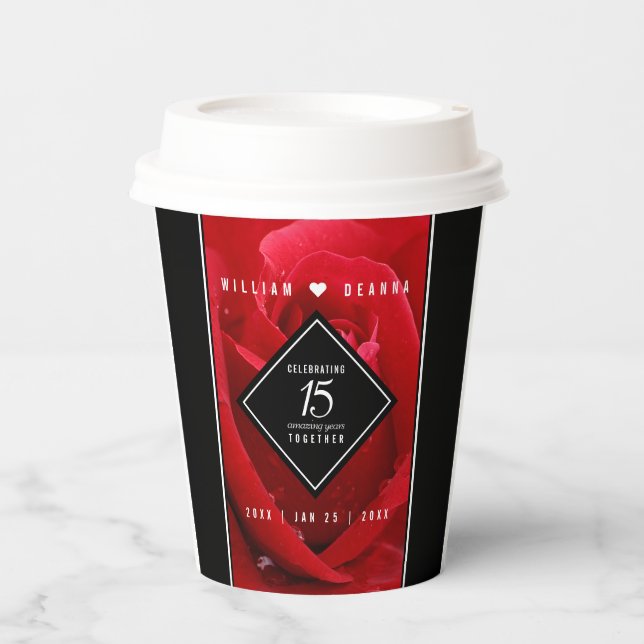 Elegant 15th Rose Wedding Anniversary Paper Cups (Front)