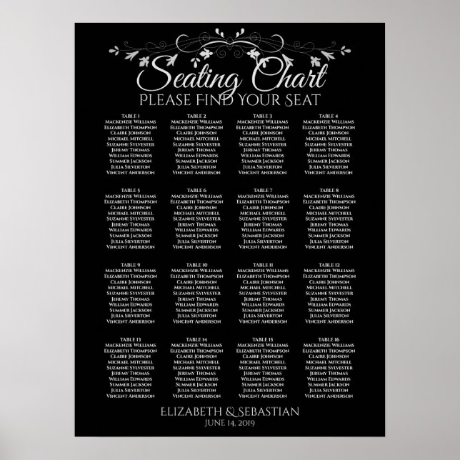 Elegant 16 Table Black Wedding Seating Chart (Front)