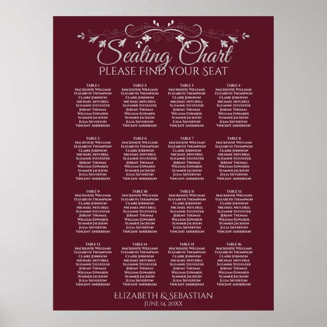Elegant 16 Table Burgundy Wedding Seating Chart (Front)
