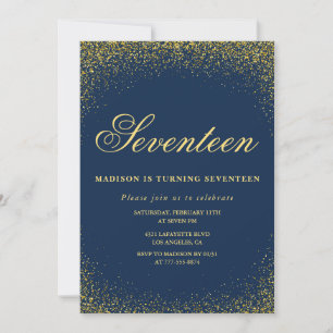 Elegant 17th birthday invitation Gold Navy Glitter