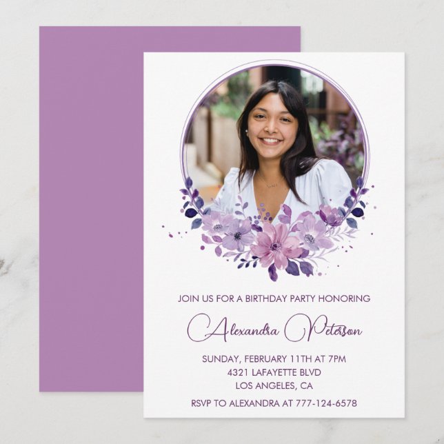 Elegant 17th birthday invitation Photo Floral Boho (Front/Back)