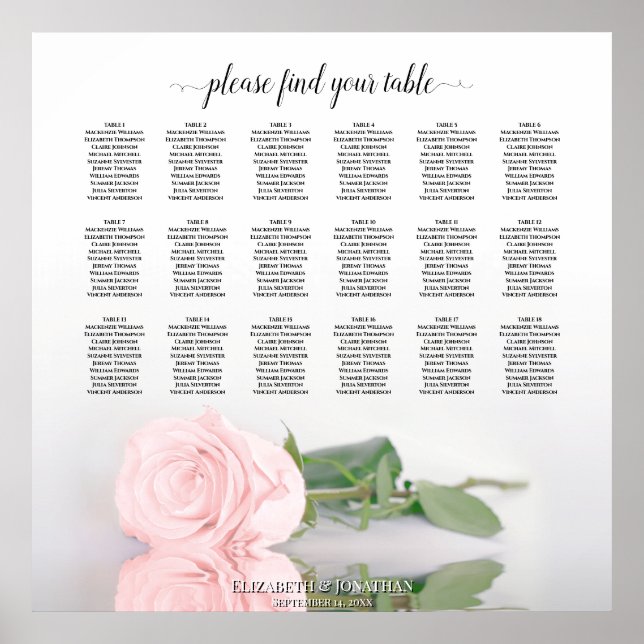 Elegant 18 Table Pink Rose Wedding Seating Chart (Front)