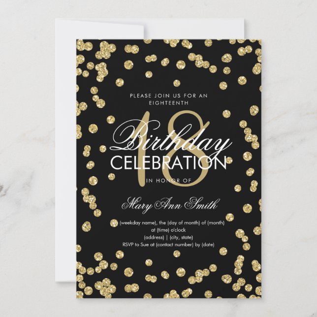 Elegant 18th Birthday Gold Glitter Confetti Black Invitation (Front)