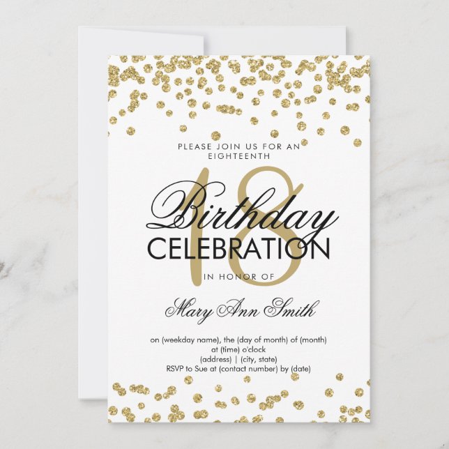 Elegant 18th Birthday Gold Glitter Confetti White Invitation (Front)