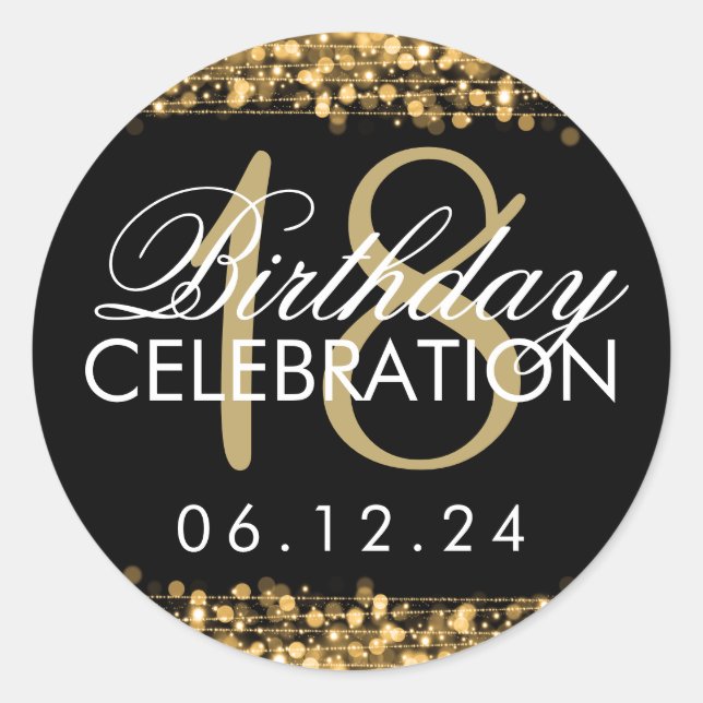 Elegant 18th Birthday Party Sparkles Gold Classic Round Sticker (Front)