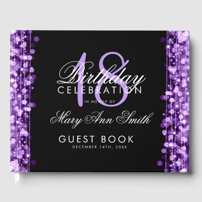 Elegant 18th Birthday Party Sparkles Purple Guest Book (Front)