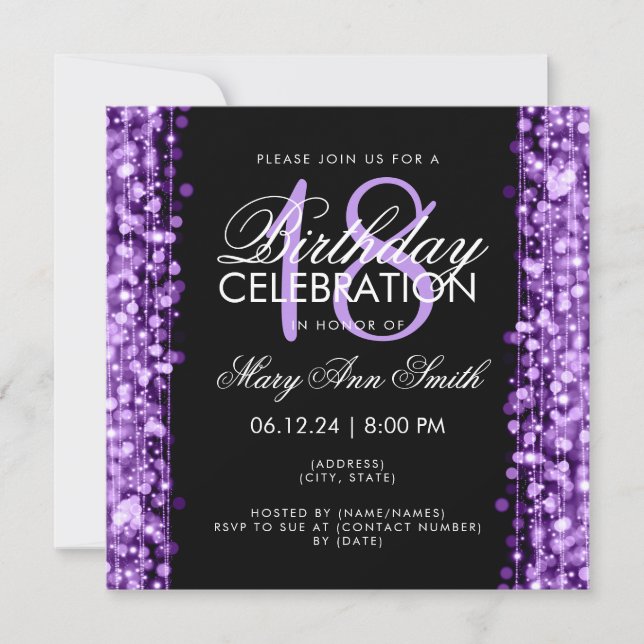 Elegant 18th Birthday Party Sparkles Purple Invitation (Front)