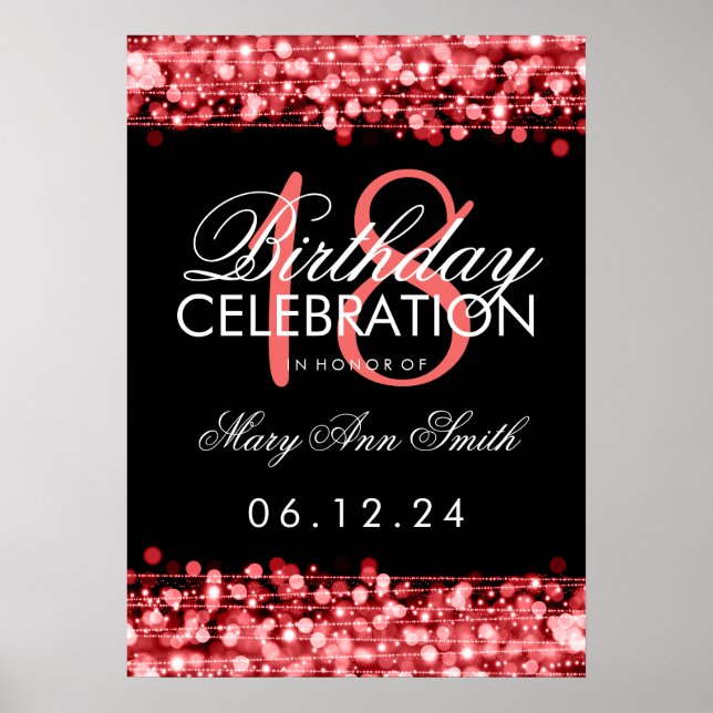 Elegant 18th Birthday Party Sparkles Red Poster (Front)