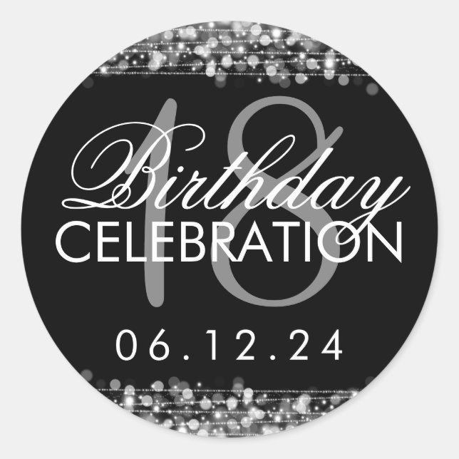 Elegant 18th Birthday Party Sparkles Silver Classic Round Sticker (Front)