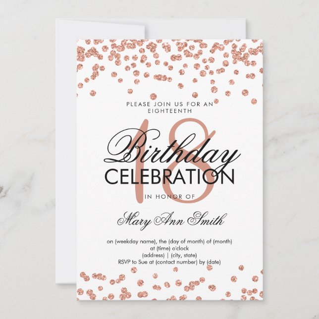 Elegant 18th Birthday Rose Gold Glitter Confetti Invitation (Front)
