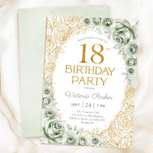 Elegant 18th Birthday Sage Green Gold Floral Invitation