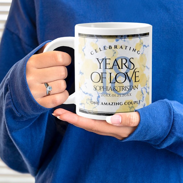 Elegant 18th Porcelain Wedding Anniversary Large Coffee Mug (18th wedding anniversary jumbo mug held by woman sporting a wedding ring and blue sweatshirt.)