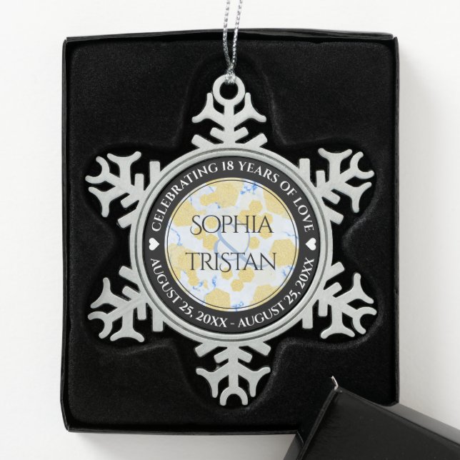 Elegant 18th Porcelain Wedding Anniversary Snowflake Pewter Christmas Ornament (Box)