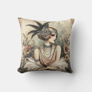 Elegant 1920s Flapper Lady Throw Pillow