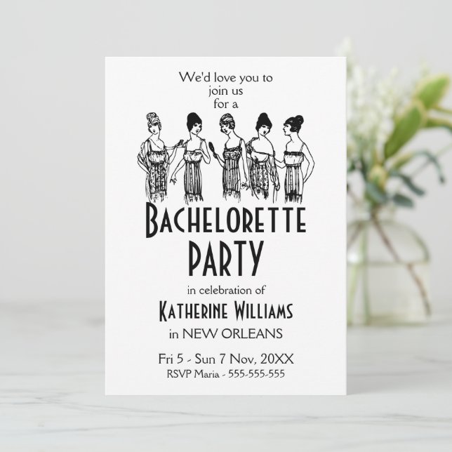 Elegant 1920s Themed Bachelorette Party Itinerary Invitation (Standing Front)