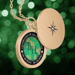 Elegant 19th Jade Wedding Anniversary Celebration Gold Plated Necklace<br><div class="desc">Celebrate the 19th wedding anniversary with this commemorative locket! Elegant black and white lettering with gold-dusted hexagonal confetti on a speckled, jade green background add a memorable touch for this special occasion and milestone. Customize with couple's initials, a special message, and dates for their jade anniversary. Design © W.H. Sim....</div>