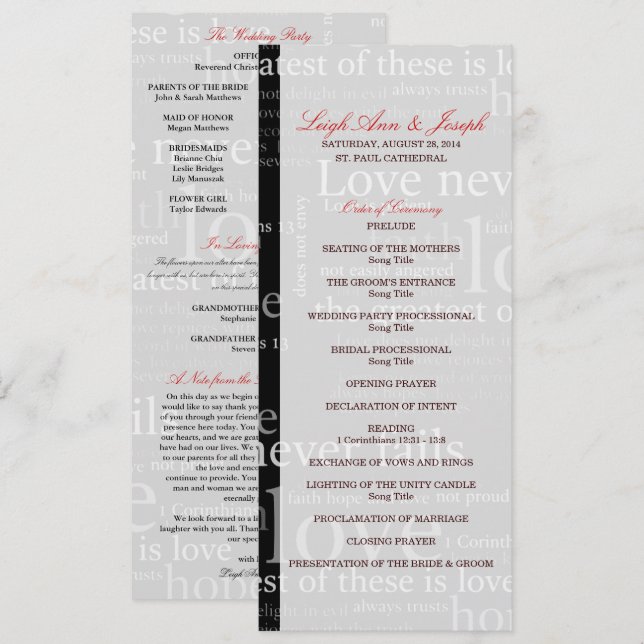 Elegant 1 Corinthians 13 Wedding Program (Front/Back)