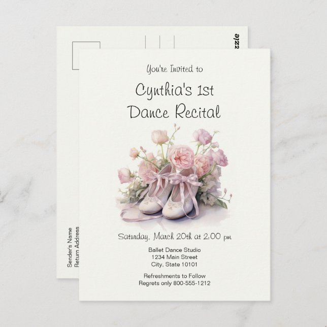 Elegant 1st Ballet Dance Recital Invitation Postcard (Front/Back)