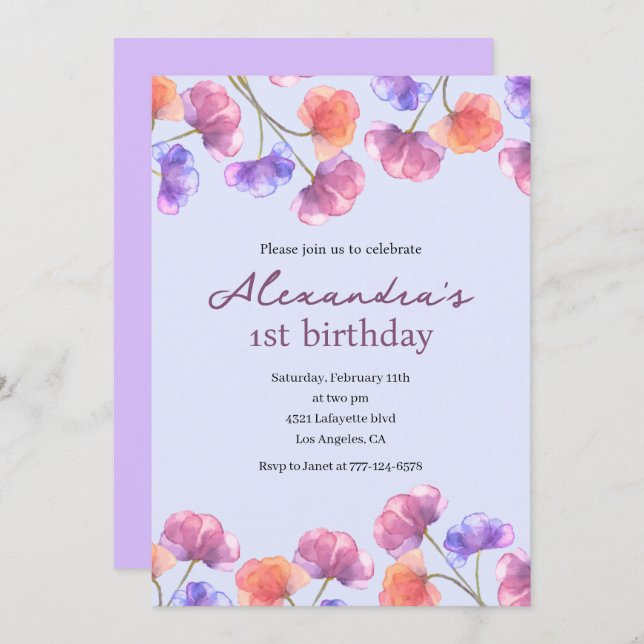 Elegant 1st birthday invitations Boho Floral Chic (Front/Back)
