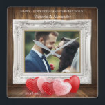 Elegant 1st Wedding Anniversary Photo Clock<br><div class="desc">Celebrate your love with this beautifully designed custom photo wall clock! Featuring a classic wood panel background, ornate white frame, romantic heart graphics, and personalized names and date, it’s the perfect keepsake for your 1st wedding anniversary. Customize with your favourite photo, names, and date for a truly unique gift that...</div>
