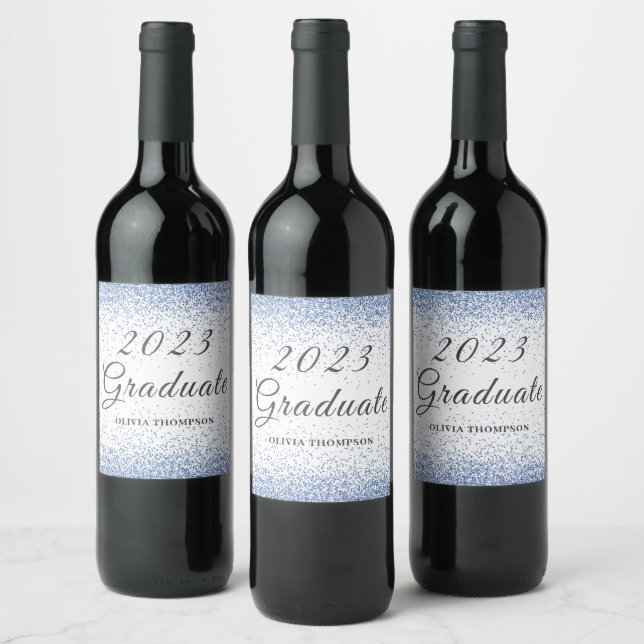 Elegant 2023 Graduation Blue Glitter  Wine Label (Bottles)