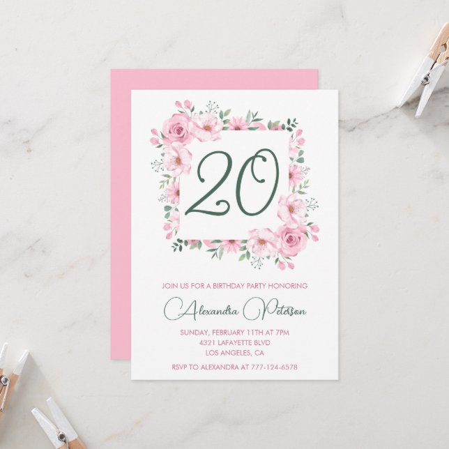 Elegant 20th birthday invitations Floral Pink  (Front/Back In Situ)