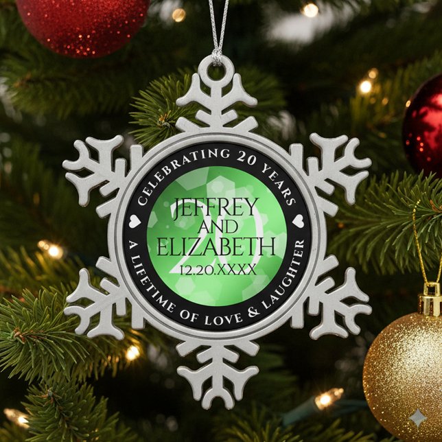 Elegant 20th Emerald Wedding Anniversary Snowflake Pewter Christmas Ornament (20th Emerald Wedding Anniversary Snowflake Pewter Ornament Cover Photo)